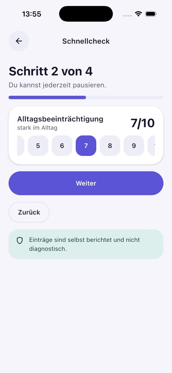 Schnellcheck in mioDolor: Schritt 2 von 4 erfasst die Alltagsbeeinträchtigung auf einer Skala von 0 bis 10.