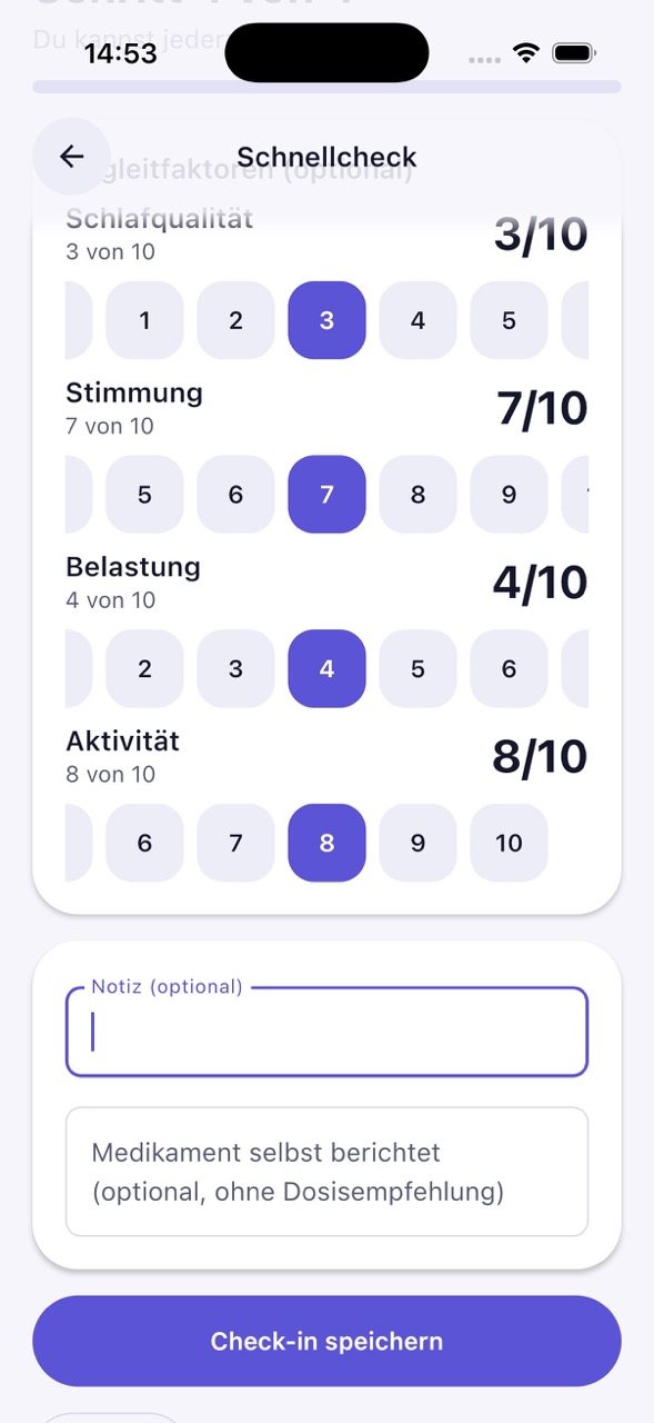 Schnellcheck in mioDolor mit Bewertung von Schlaf, Stimmung, Belastung und Aktivität sowie optionaler Notiz und Speichern.